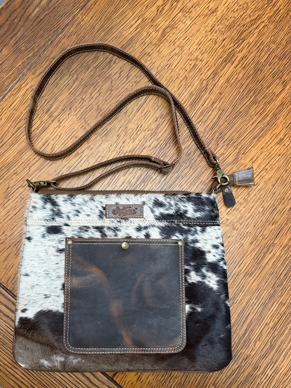 Cowhide Crossbody Bag with Dark Brown Leather Pocket